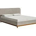 Modern Double Bed With Gray Striped Headboard White Mattress And Wooden Frame