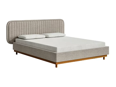 Modern Double Bed With Gray Striped Headboard White Mattress And Wooden Frame 3d model