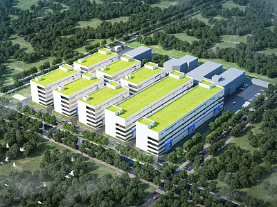 Modern Industrial Factory Complex With Green Roof And White Multi Story Buildings Surrounded By Trees 3d model