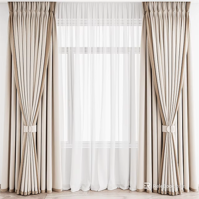 Elegant Beige Curtains With White Sheer And Tiebacks For Window Decoration 3d model 