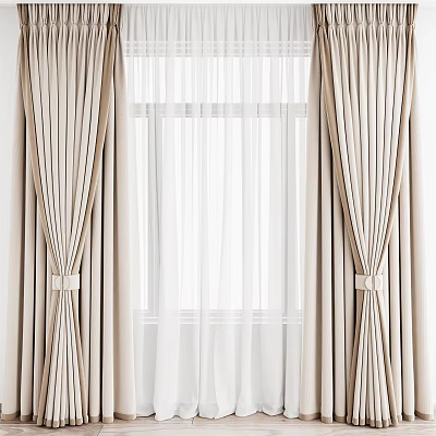 Elegant Beige Curtains With White Sheer And Tiebacks For Window Decoration 3d model