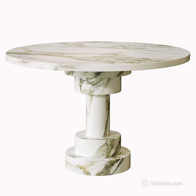 Round Marble Dining Table with White and Green Veins and Multi Tiered Cylindrical Base 3d model