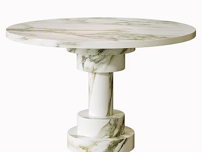 Round Marble Dining Table with White and Green Veins and Multi Tiered Cylindrical Base 3d model