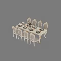 Elegant Dining Table Set With White Chairs Gold Accents Tableware Flower Vase And Candles