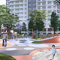 Residential Landscape Featuring Children Playground Greenery Play Structures And High Rise Buildings