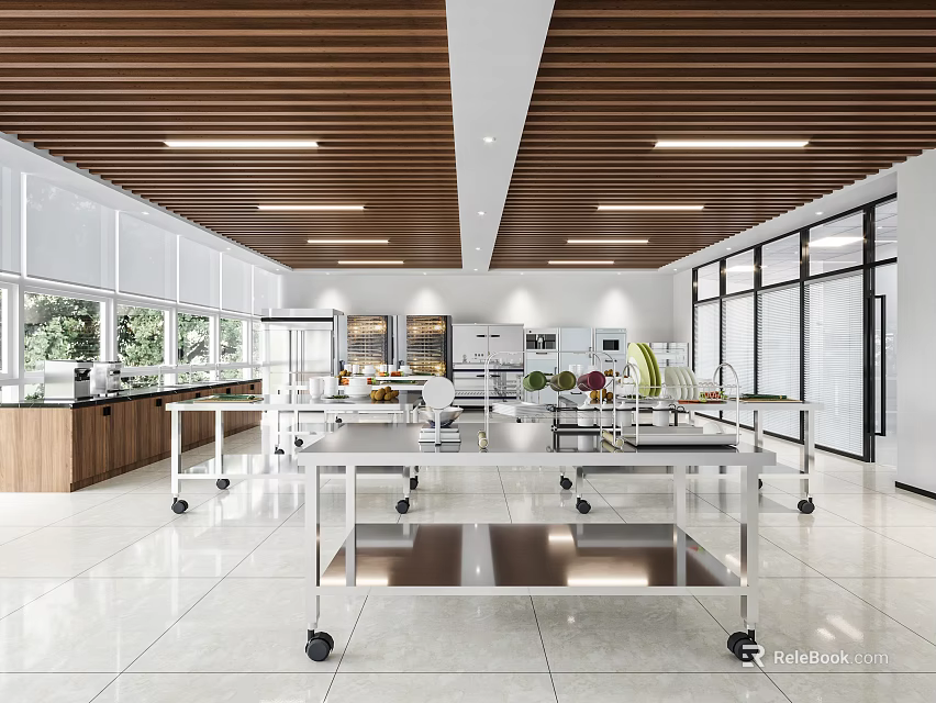 Modern Commercial Kitchen Interior With Wooden Ceiling Large Windows And Stainless Steel Worktables 3d model 