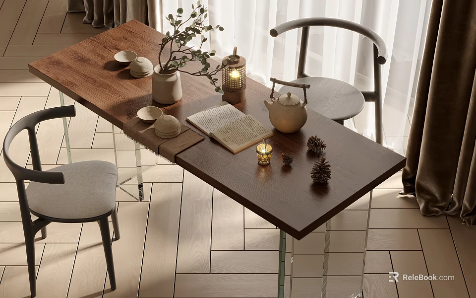 Wooden Tea Table With Gray Chairs Transparent Legs Teapot Open Book Candle And Pine Cones 3d model 
