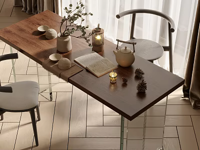 Wooden Tea Table With Gray Chairs Transparent Legs Teapot Open Book Candle And Pine Cones 3d model