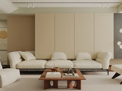 Modern Minimalist Living Room Interior With Beige Sofa Wooden Coffee Table And Decorative Painting 3d model