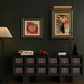 Elegant Entryway Interior With Black Console Table Patterned Drawers Framed Artworks Floor Lamp And Decor 3d model