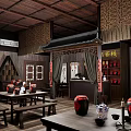 Traditional Chinese Restaurant Interior With Wooden Roof Clay Jars Tables And Decorative Lanterns