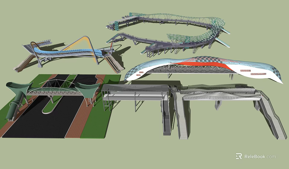 Modern Bridge Architectural Design With Unique Curved Structures Metal Frames Glass Elements And Road Integration 3d model 