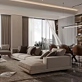 Modern Living and Dining Room Interior With Sofa Coffee Table Dining Chairs and Pendant Lights