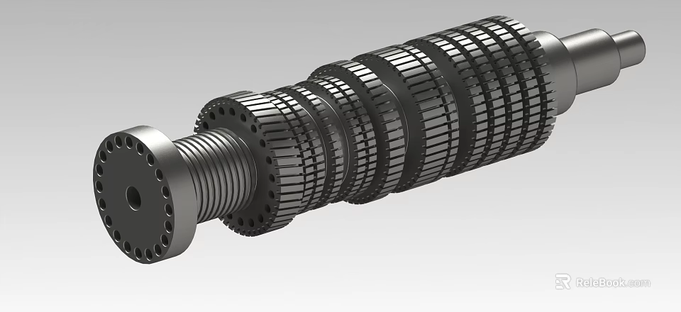 Mechanical Metal Shaft with Multiple Annular Gear-like Rings as Industrial Equipment Component 3d model 