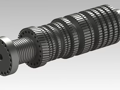 Mechanical Metal Shaft with Multiple Annular Gear-like Rings as Industrial Equipment Component 3d model