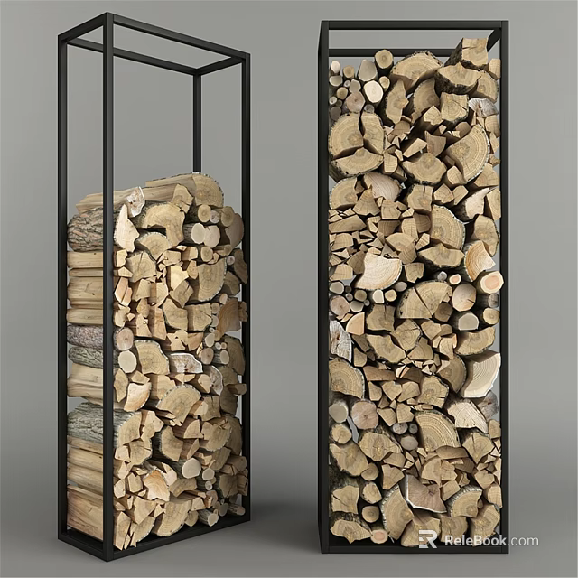 Stylish Fireplace Wood Storage With Black Metal Frame And Neatly Stacked Firewood 3d model 