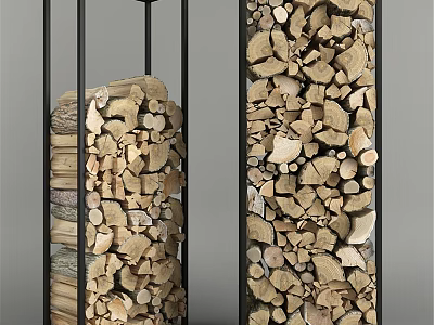 Stylish Fireplace Wood Storage With Black Metal Frame And Neatly Stacked Firewood 3d model