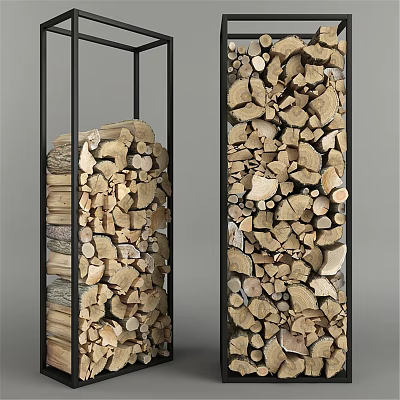 Stylish Fireplace Wood Storage With Black Metal Frame And Neatly Stacked Firewood 3d model