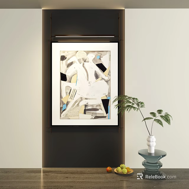Abstract Painting in Black Frame on Wall with Green Plant and White Vase 3d model 