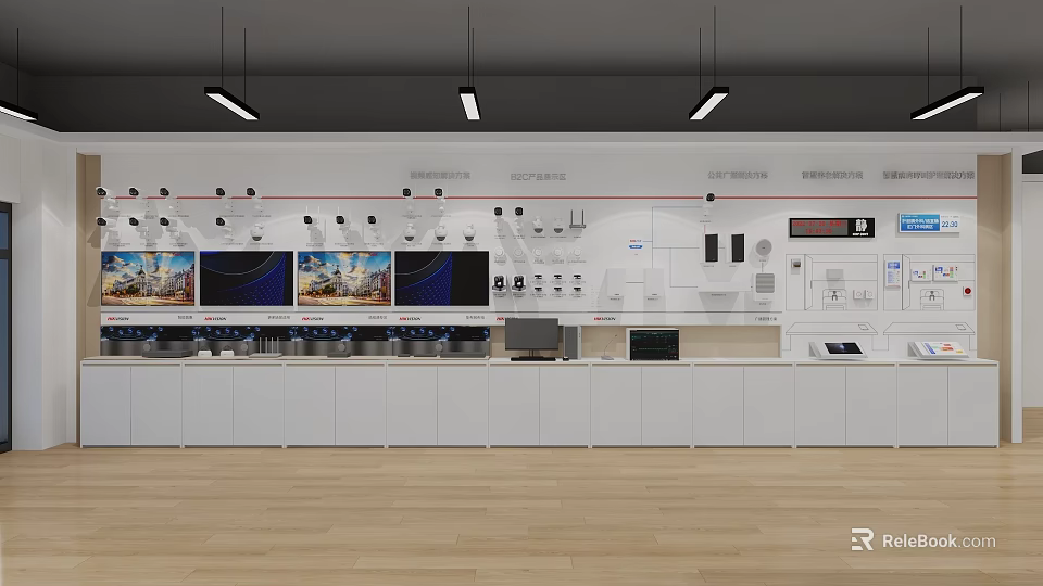 Electronics Specialty Store Featuring TVs Audio Equipment White Counters And Hanging Lights 3d model 