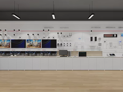 Electronics Specialty Store Featuring TVs Audio Equipment White Counters And Hanging Lights 3d model
