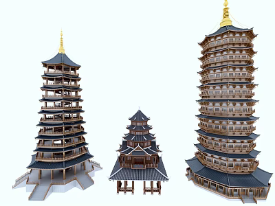 Traditional Chinese Wooden Pagodas With Multi tiered Structure And Golden Spires 3d model