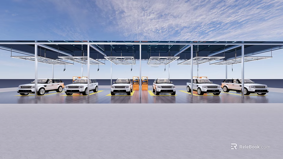 Covered Car Parking Area With White Cars Arranged In Rows Neatly 3d model 