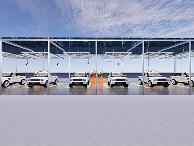 Covered Car Parking Area With White Cars Arranged In Rows Neatly 3d model
