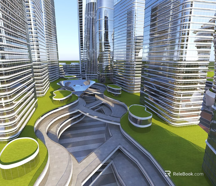Modern Office Buildings Featuring Glass Curtain Walls Green Landscaping And Curved Walkways 3d model 