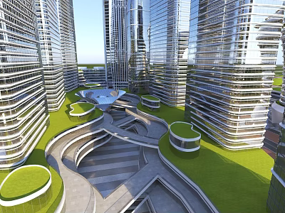 Modern Office Buildings Featuring Glass Curtain Walls Green Landscaping And Curved Walkways 3d model