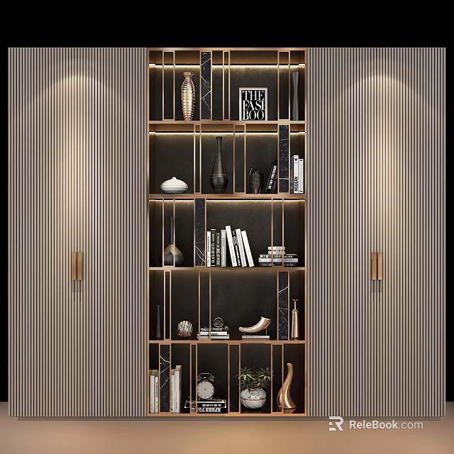 Modern Bookshelf Interior Design With Glass Shelves Books Vases And Decorative Items 3d model 