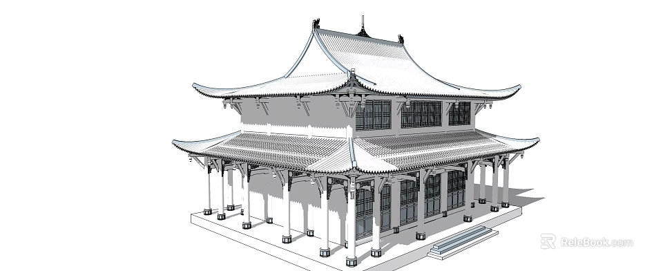 Traditional Ancient Chinese Architecture With Two Story Structure Classic Roof And Wooden Pillars 3d model 