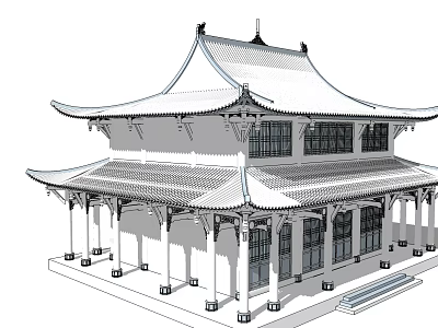 Traditional Ancient Chinese Architecture With Two Story Structure Classic Roof And Wooden Pillars 3d model