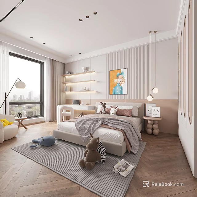 Bright Modern Kids Room Interior With Cozy Bed Study Desk And Stuffed Toys 3d model 