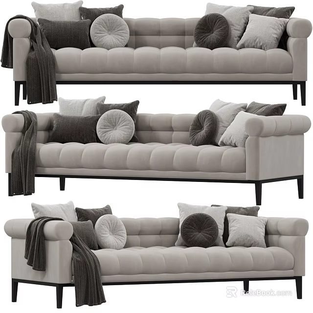 Light Gray Multi Seater Sofa With Tufted Design Pillows Throw Blanket And Black Legs 3d model 