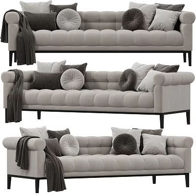 Light Gray Multi Seater Sofa With Tufted Design Pillows Throw Blanket And Black Legs 3d model