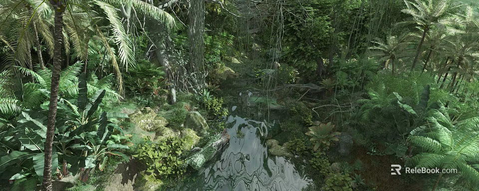 Tropical Rainforest Scenery With Lush Green Plants Hanging Vines And Stream Water Reflections 3d model 