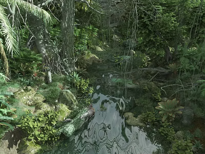 Tropical Rainforest Scenery With Lush Green Plants Hanging Vines And Stream Water Reflections 3d model