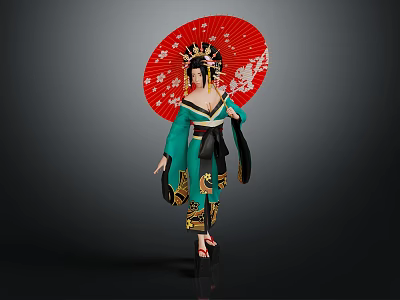 Geisha Character In Green Kimono With Dragon Creature Red Fan Art Design 3d model