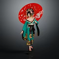Geisha Character In Green Kimono With Dragon Creature Red Fan Art Design