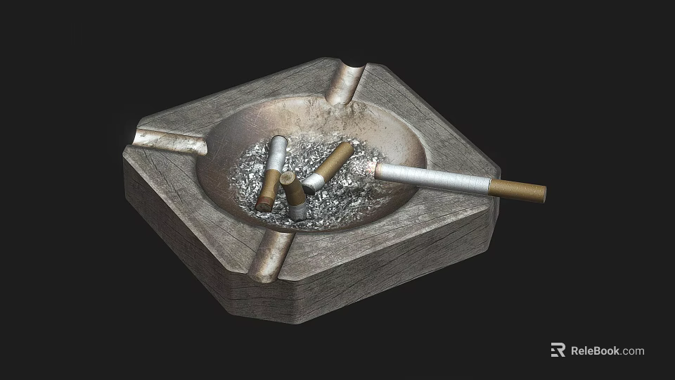 Square Ashtray With Cigarette Butts Ash And Metal Texture Inside 3d model 