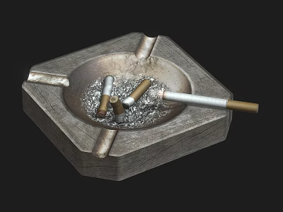Square Ashtray With Cigarette Butts Ash And Metal Texture Inside 3d model