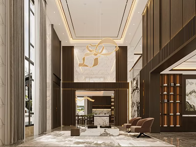 Duplex Living Room with High Ceiling Golden Chandelier Marble Floor and Brown Sofas 3d model