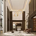 Duplex Living Room with High Ceiling Golden Chandelier Marble Floor and Brown Sofas