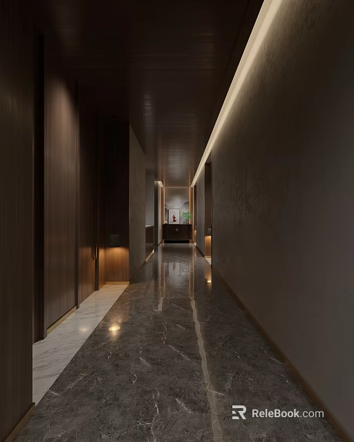 Hotel Corridor Modern Design With Dark Walls Marble Flooring And Recessed Lighting 3d model 
