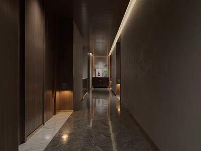 Hotel Corridor Modern Design With Dark Walls Marble Flooring And Recessed Lighting 3d model