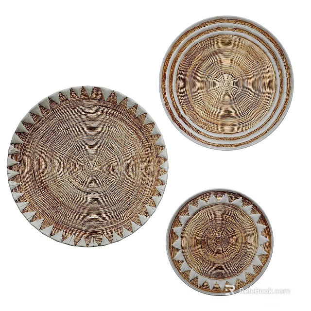 Woven Brown Round Rugs With Geometric Edge Patterns Decorative Set 3d model