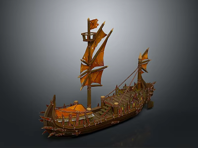 Ancient Sailing Ship Model Featuring Wooden Hull Orange Sails And Detailed Decorations 3d model