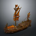Ancient Sailing Ship Model Featuring Wooden Hull Orange Sails And Detailed Decorations