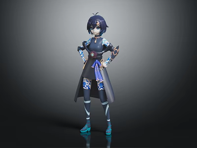 Fantasy Anime Character With Blue Black Outfit And Small Creature Standing Pose 3d model